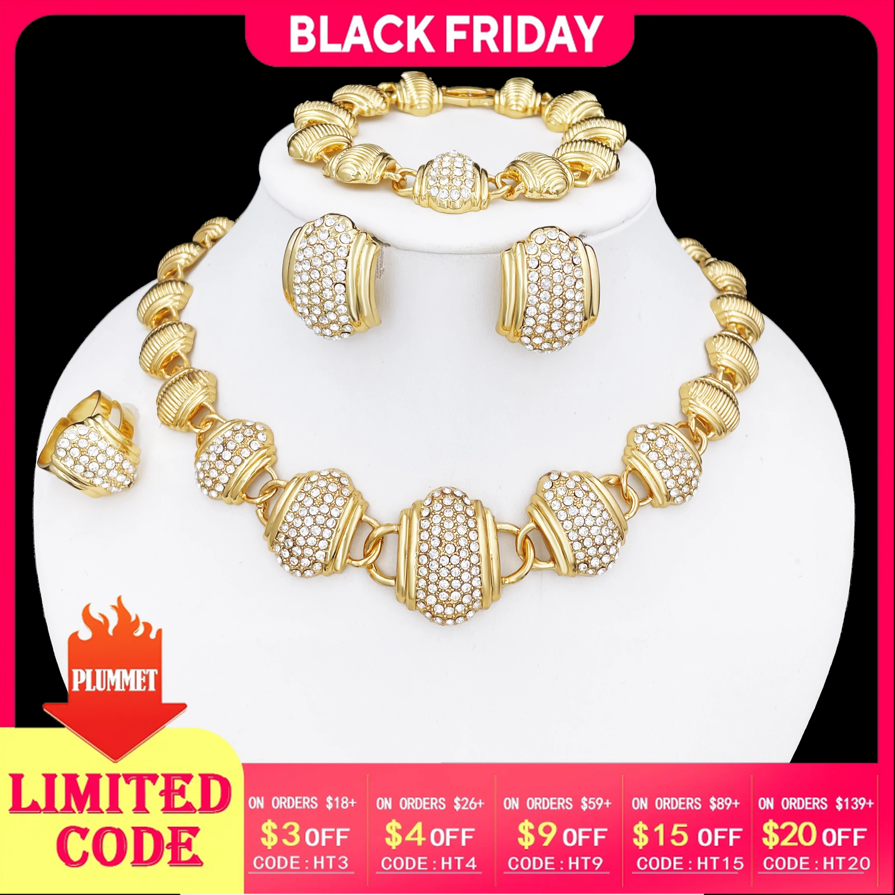 

Arabic Jewelry Set For Women High Quality 18K Gold Plated Jewelry Round Necklace Earrings Bracelet And Ring Wedding Party Gift