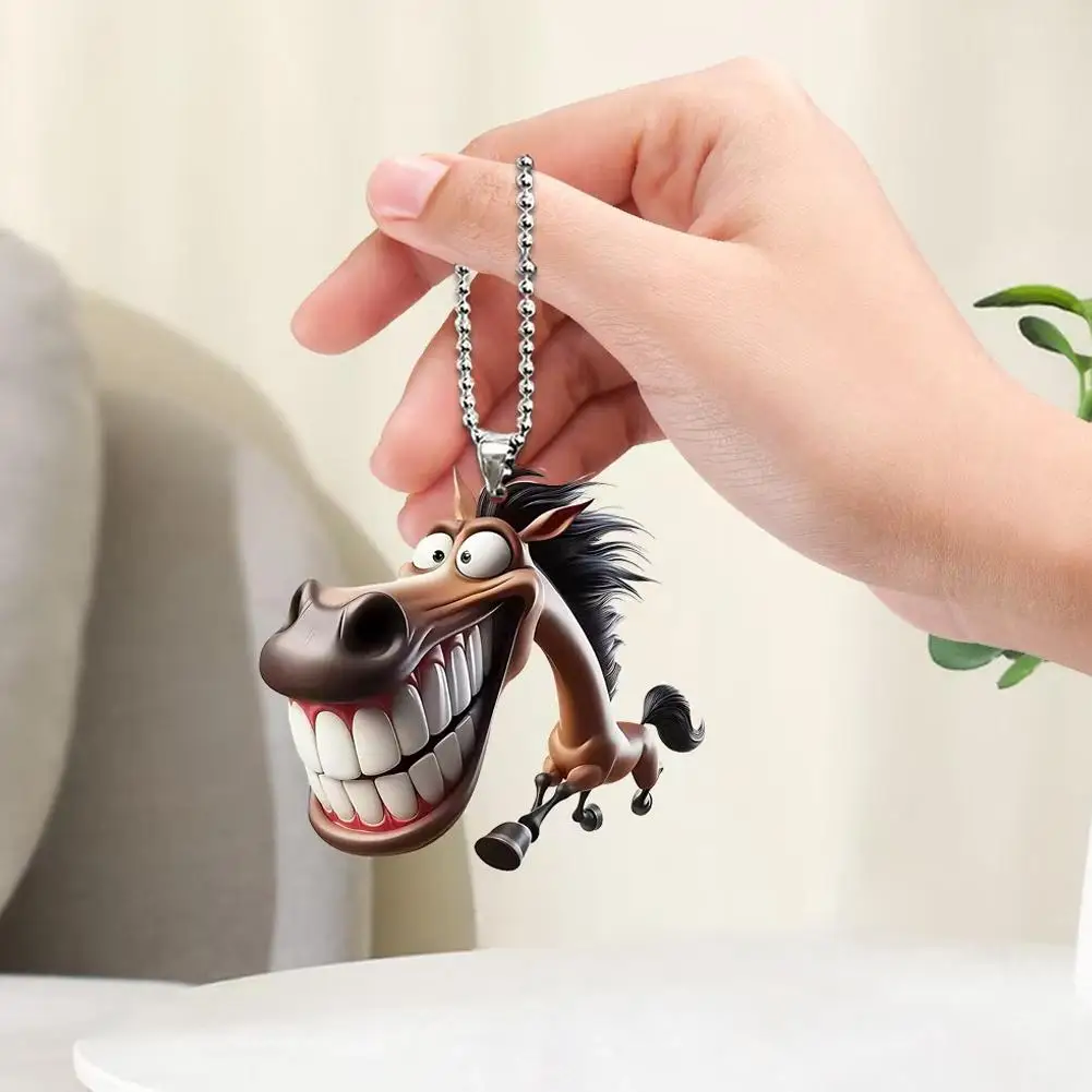Car Pendant Running Horse Keychain Cartoon Big Mouth Horse 2D Acrylic Key Chain Cute Lightweight Durable Decorative Accessory