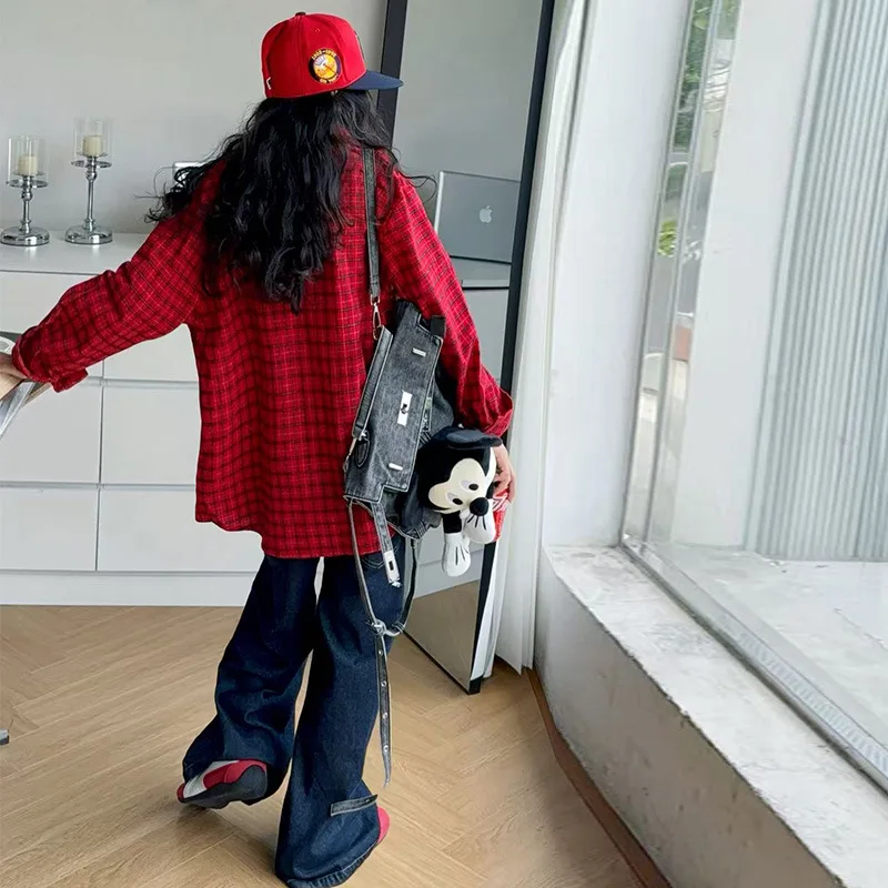 Jeans Shirt Two-piece Set Vintage Red Plaid Long-sleeve Shirt Grils Children Fashionable Cool Casual Loose Korean Solid