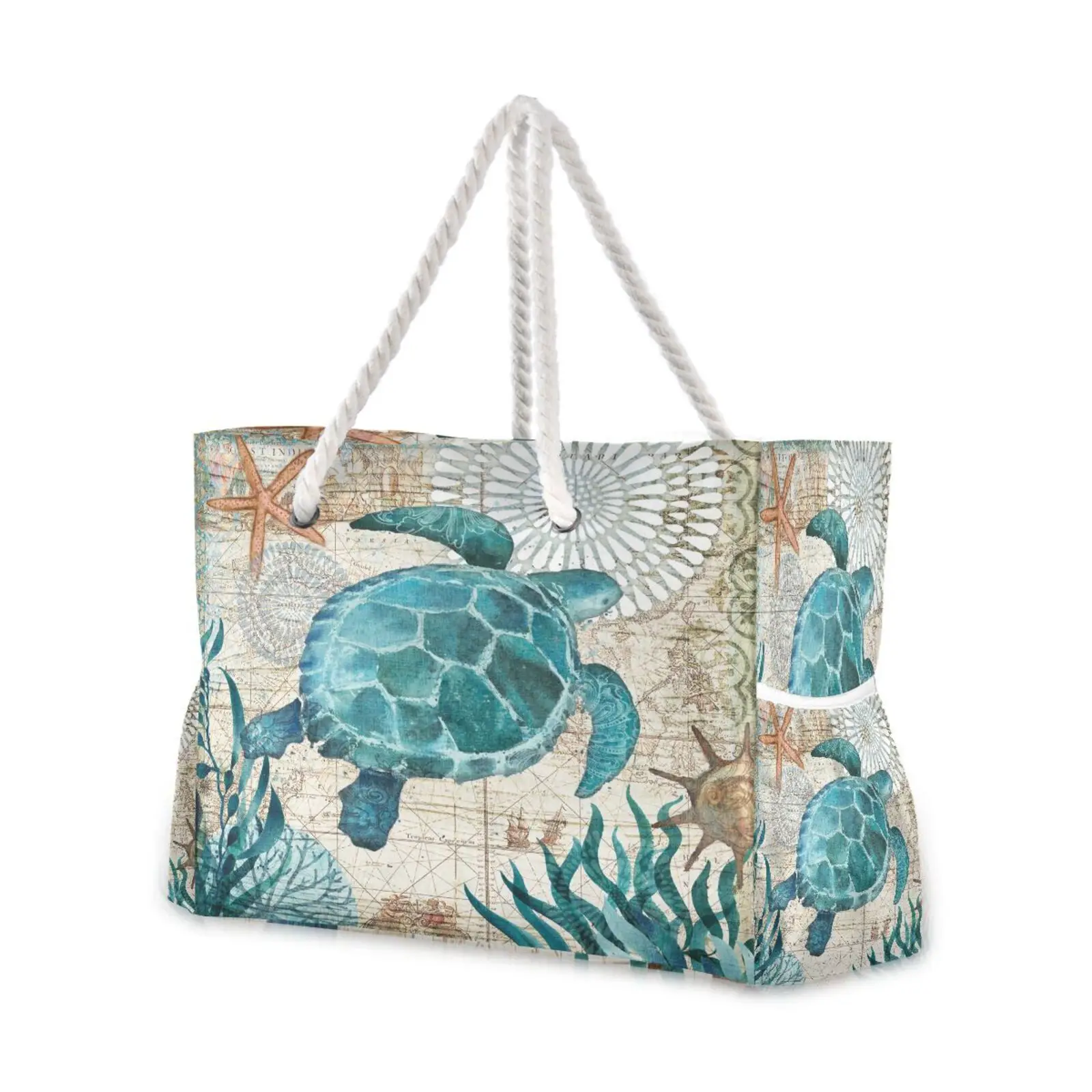 Large Beach Tote Bag Vintage Turtle Octopus World Map Women Shoulder Bag Canvas Handbag Casual Shopping Gym Travel Storage Bag