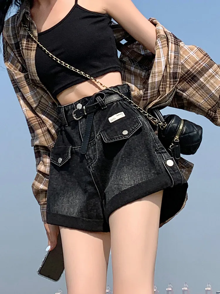 Black High Waist Wide Leg Jeans Shorts Women Loose Slimming Design A-Line Cuffed Pants Commute Style Splicing Process
