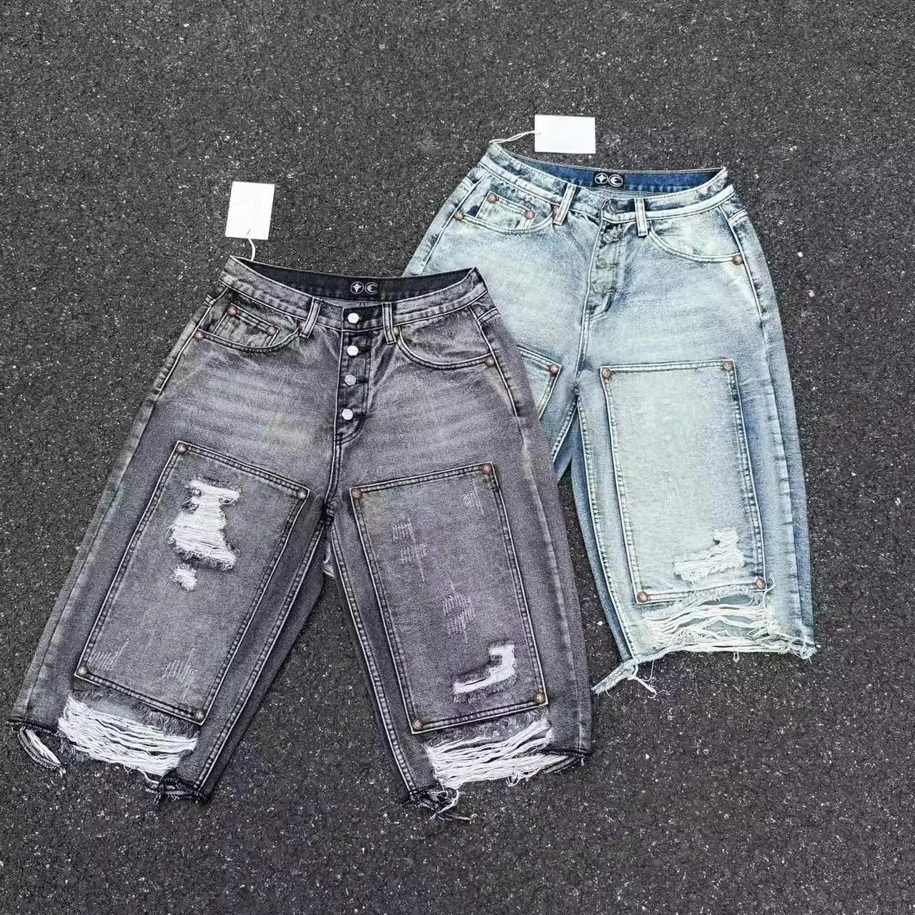 

Thug Club 2026 New Distressed Wash Frayed Hem Fringe Star & Moon Embroidery Hardware Cropped Denim Shorts