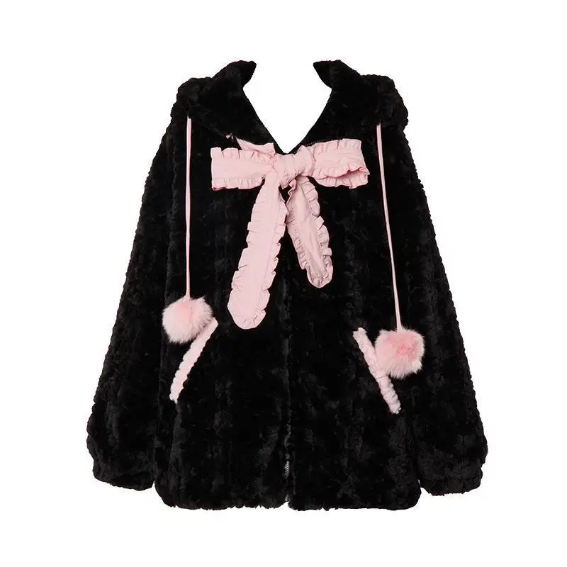 Hoodies women black sweet long sleeved loose velvet cardigan jacket for autumn and winter