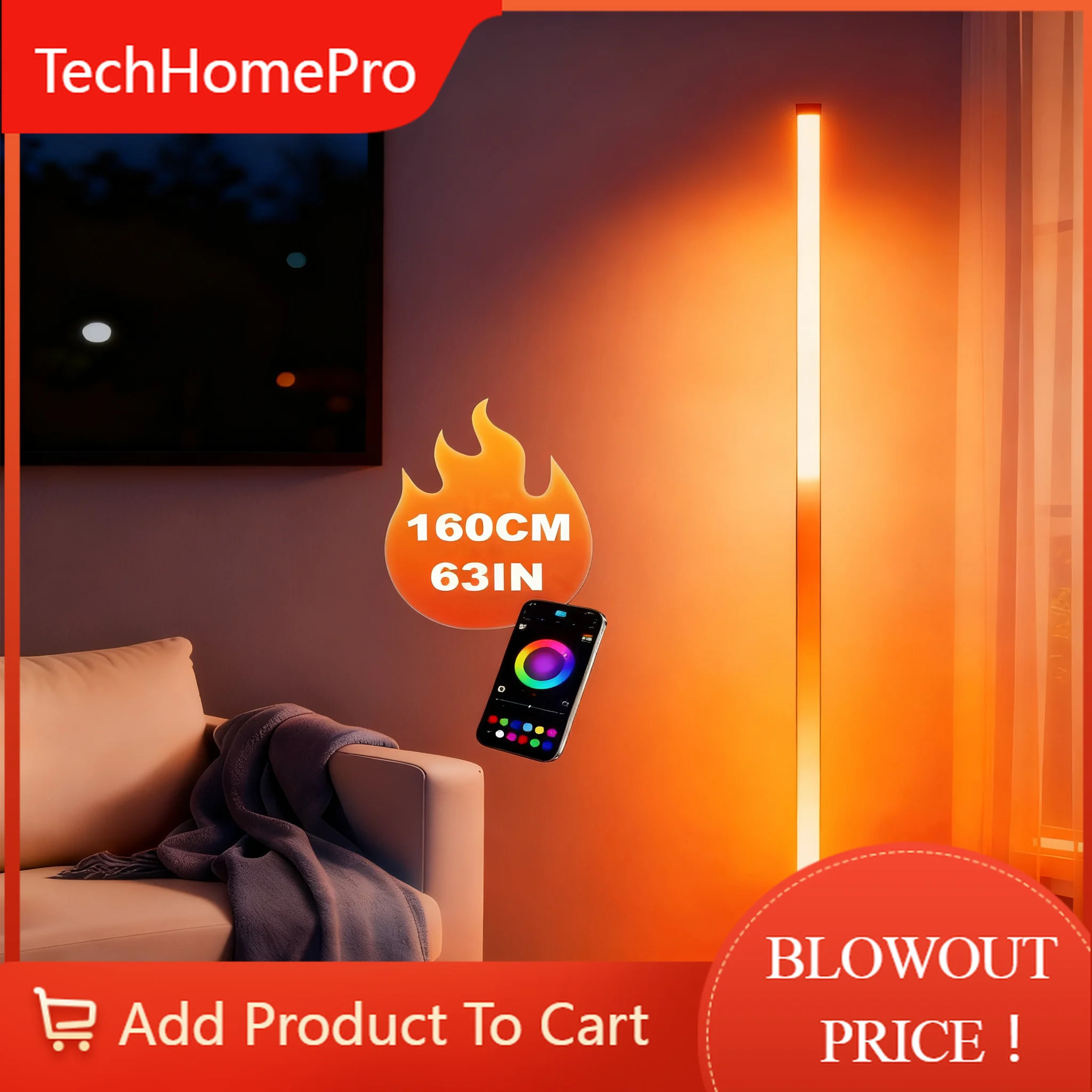 TechHPSmart RGB LED Corner Floor Lamp 160CM Bright Standing Lamp For Living Room With APP And Remote,Modern Floor Lamp With Musi