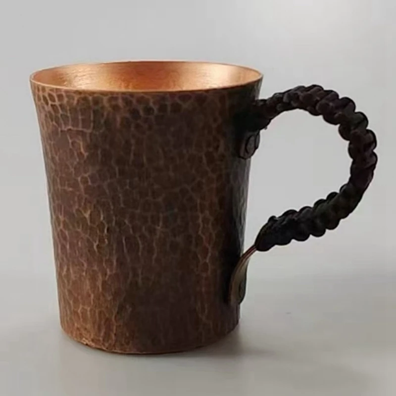 Vintage Pure Copper Coffee Cup,Mug Tumbler Engraving Hammer Texture Woven Handle 450 Ml Beer Mug,Tea Cup Tableware-A27R