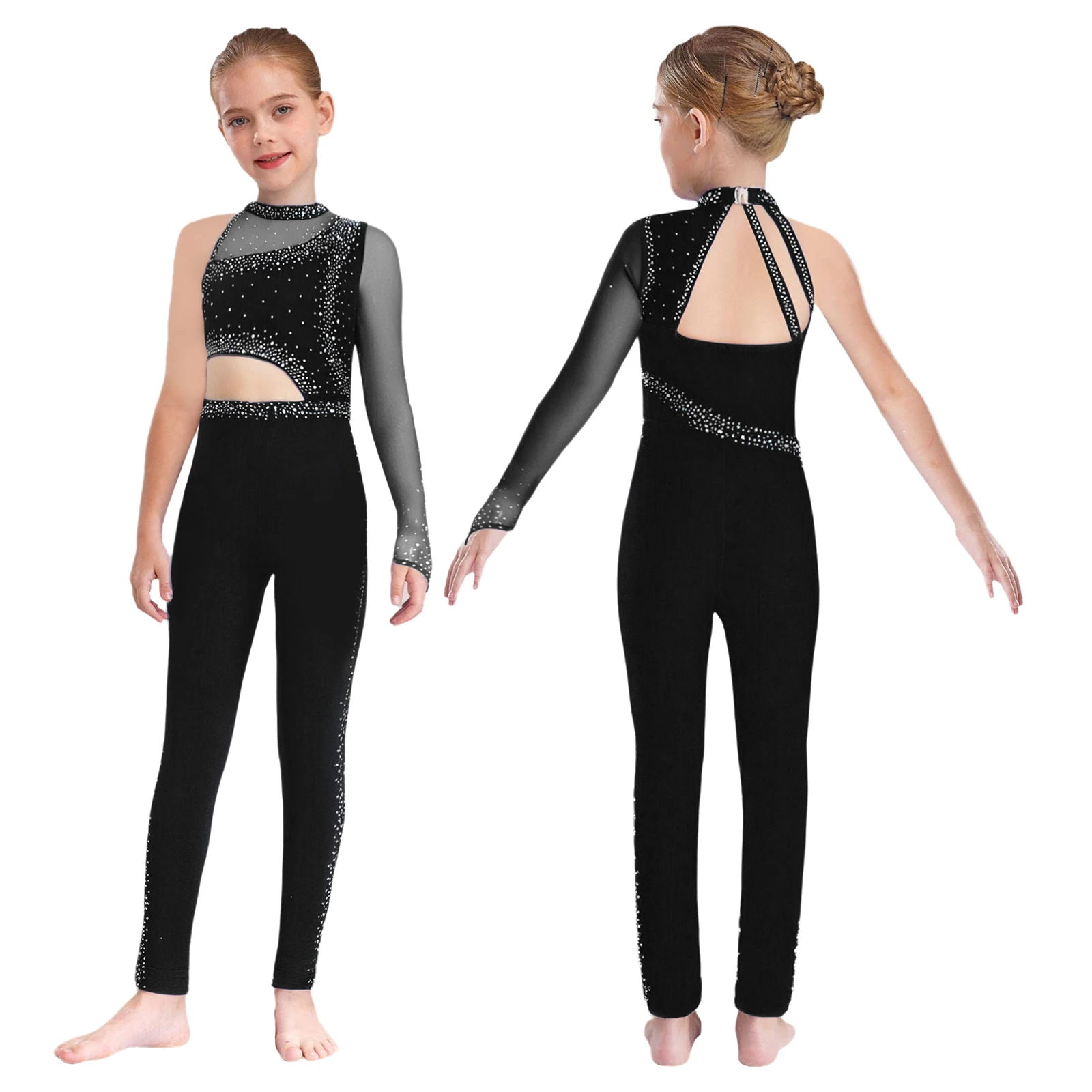 Tuta da ginnastica per ragazze con una spalla Maglia trasparente con strass scintillanti Body completo per balletto Pattinaggio di figura Costumi unitari