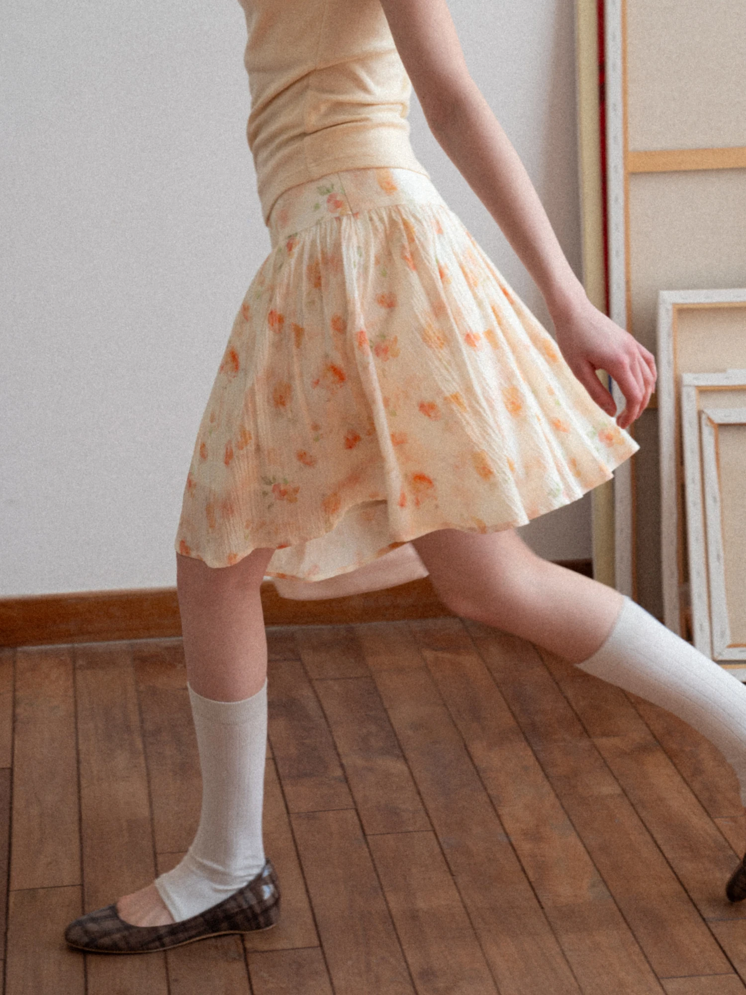 High Waist A-Line  Skirt Women's Summer Korean Style Printed Gradient Floral Slimming Yellow Half-length Skirt