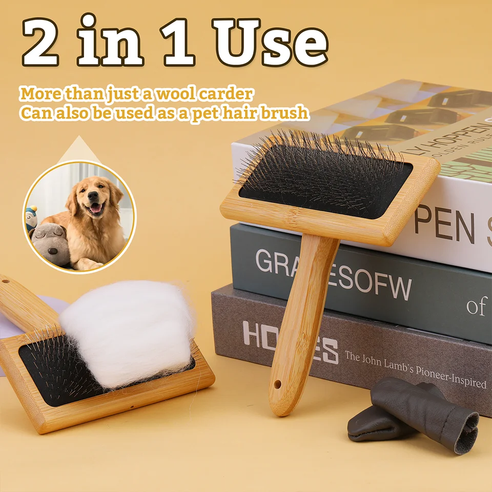 2Pcs Wooden Wool Carders, Cat, Dogs, Wooden Wool Carders Brush for Wool Felting Spinning Crafts (Large*2)