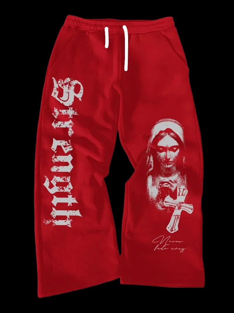 Herren Gothic Vertikale Grafik Weite Jogginghose mit Kordelzug Lose Gerade Baggy Y2K Dark Punk Streetwear Hose – Detail 4