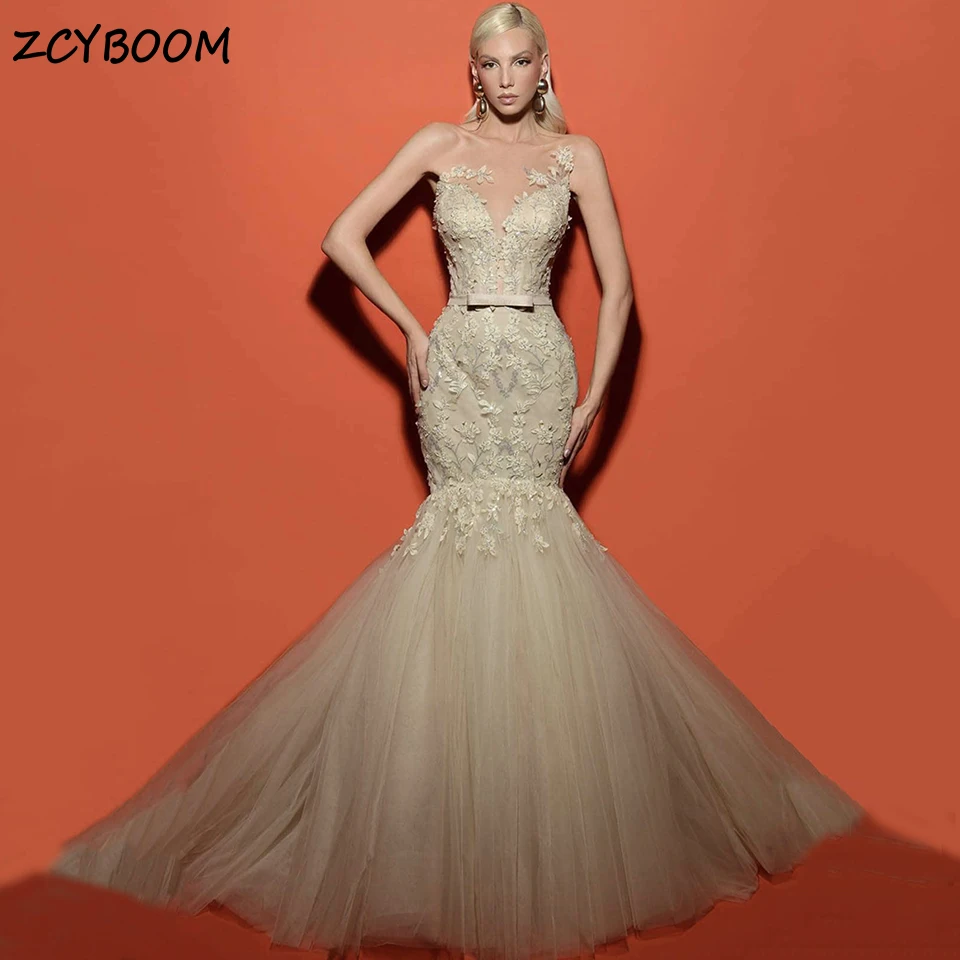 Charmante robe de soirée en Tulle, col rond, sans manches, avec nœud, élégante, style sirène, longueur au sol, traîne de balayage, robe de bal, 2025