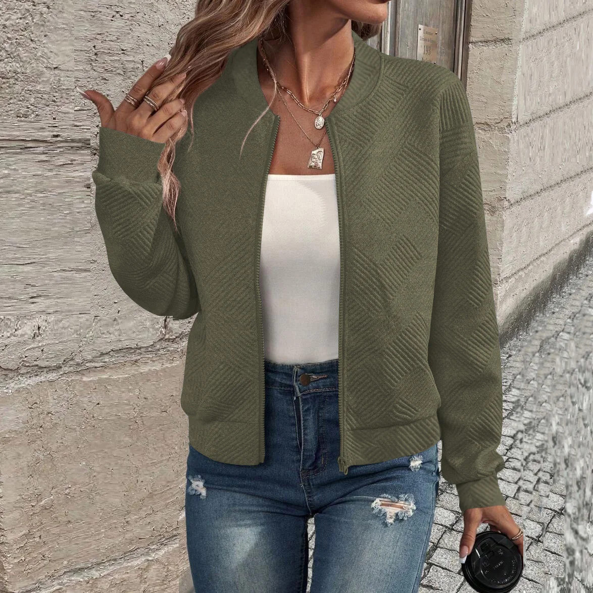 Damen Herbst- und Winterjacke, Neu, Einfarbig, Schlicht und Exquisit, mit Reißverschluss, Baseballkragen, Lässige Jacke – Detail 15