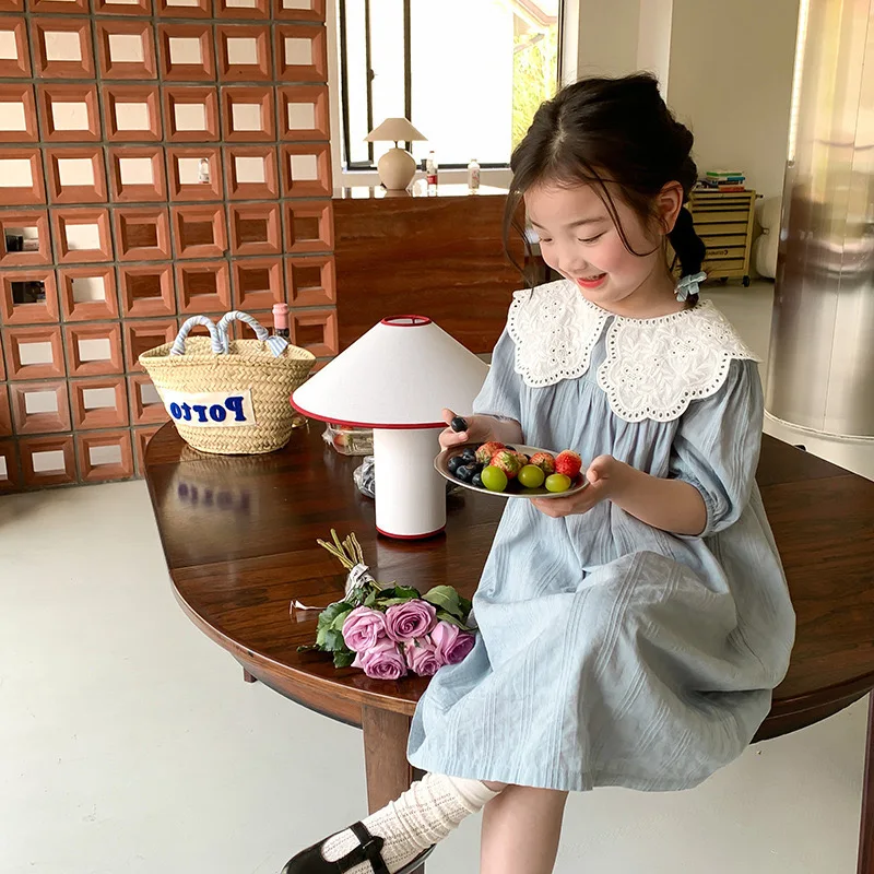 Congme 3-8 Yrs Girls Clothing Dress Kids Fashion Korean Style Lapel Shortsleeves Cute Princess Dress Outfit Skirt