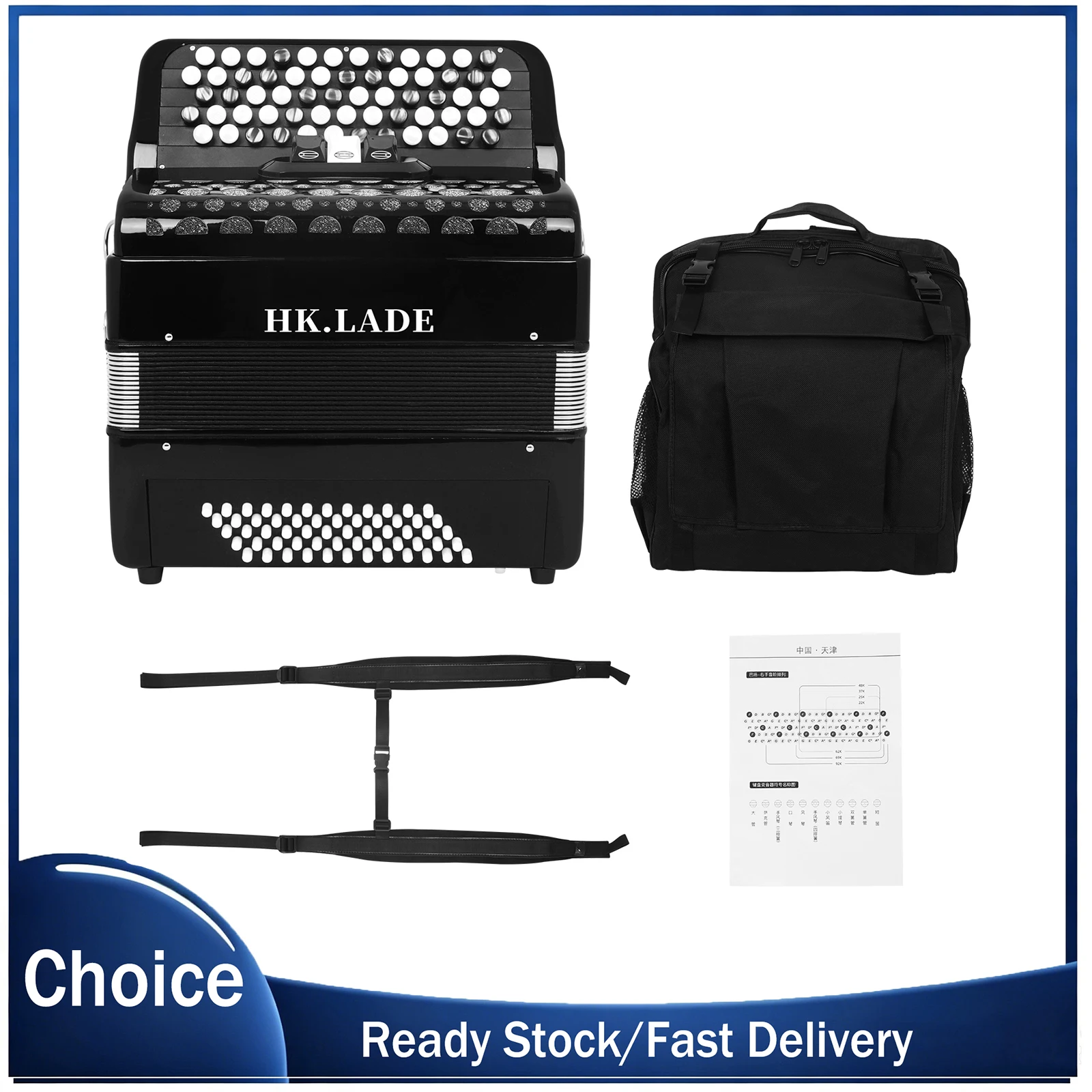 HK.LADE Professional Bayan Button Accordion 62 Keys 60 Bass 3 Variable Keys Accordion with Backpack for Accordion Performance