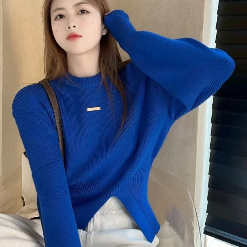 Blue Ladies Sweaters Round O Neck Knitted Top for Women Pullover Tricot Blouse Sale Winter 2024 Autumn Thermal Korean Luxury