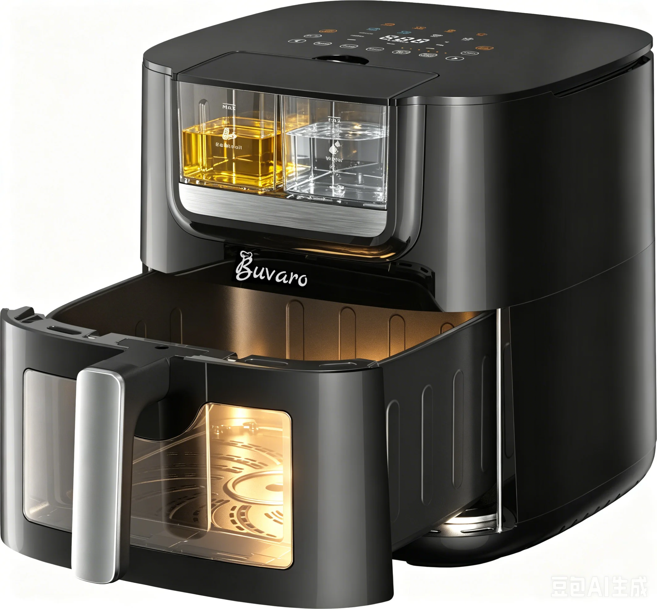BUVARO 7L XXL 1800W heteluchtfriteuse met automatische olie- en waterverneveling, digitaal touchpanel, 8 vooraf ingestelde programma's, kijkvenster en binnenverlichting.