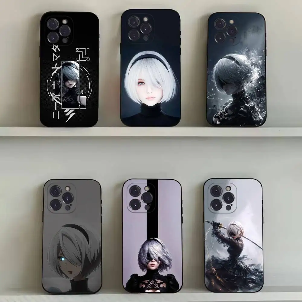 

N-NieR A- Automata 2B Phone Case For iPhone 16,15,14,13,12,11,Pro,Max,Plus,X,XS,SE4,E,Mini,Soft Black Case