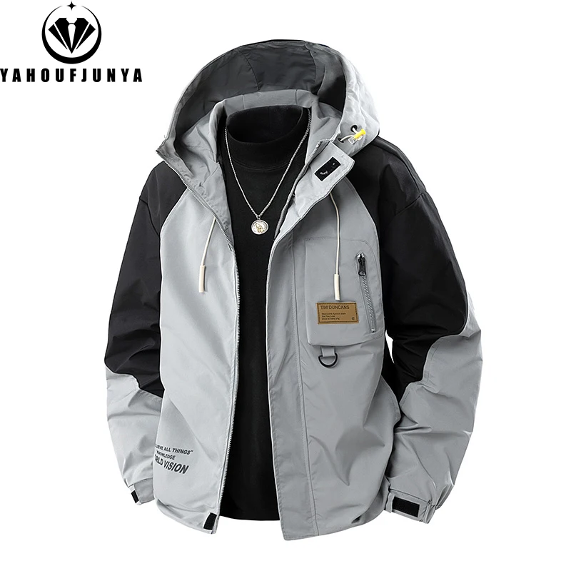 9XL New Men Spring Outdoor Leisure Windbreak Hooded Jacket Men Autumn Cargo Pocket Fashion Brand Loose Jacket Coat Male Clothing