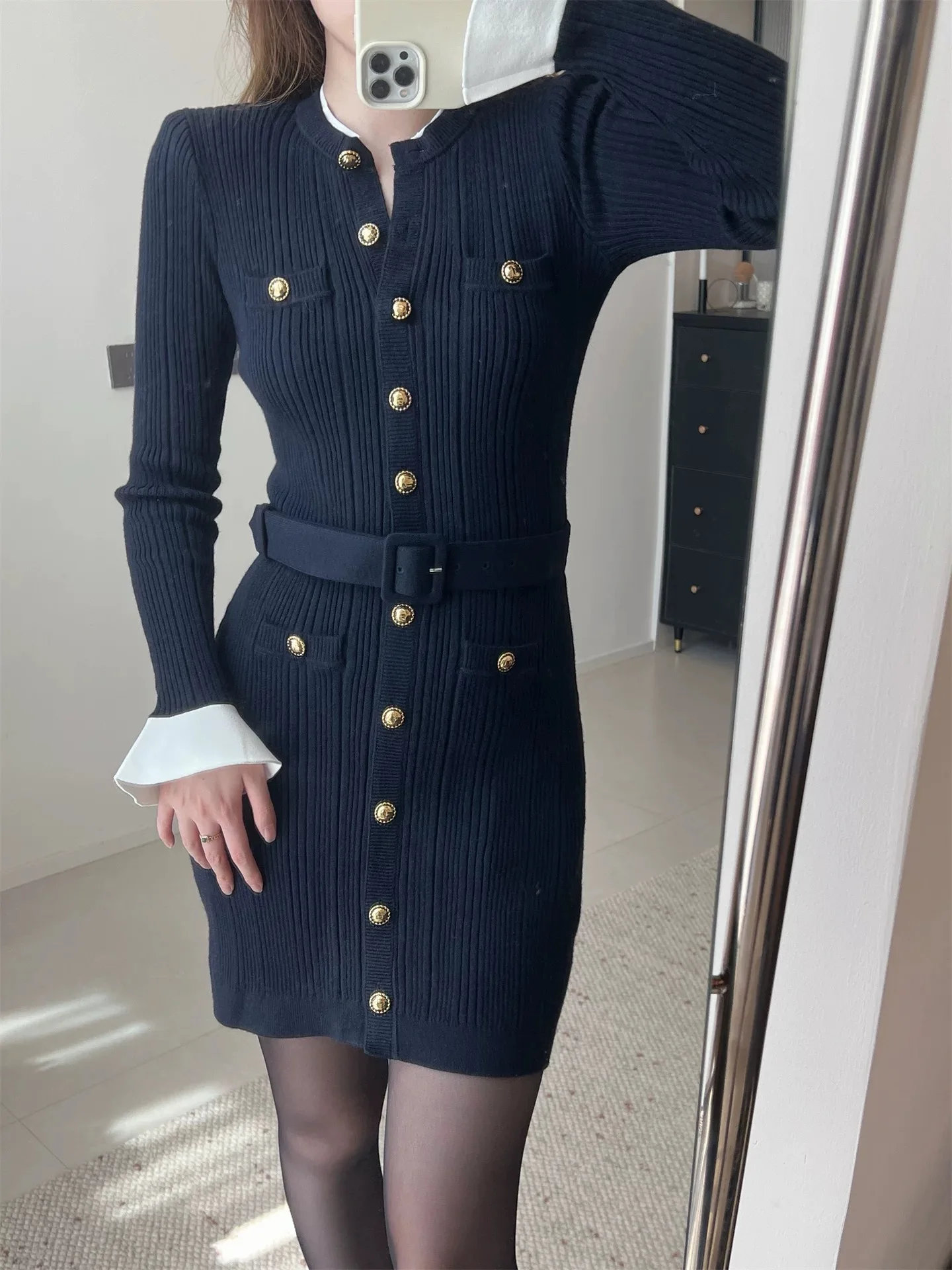 Mulheres mangas largas de malha mini vestido cintura cinched moda temperamento senhora vestido