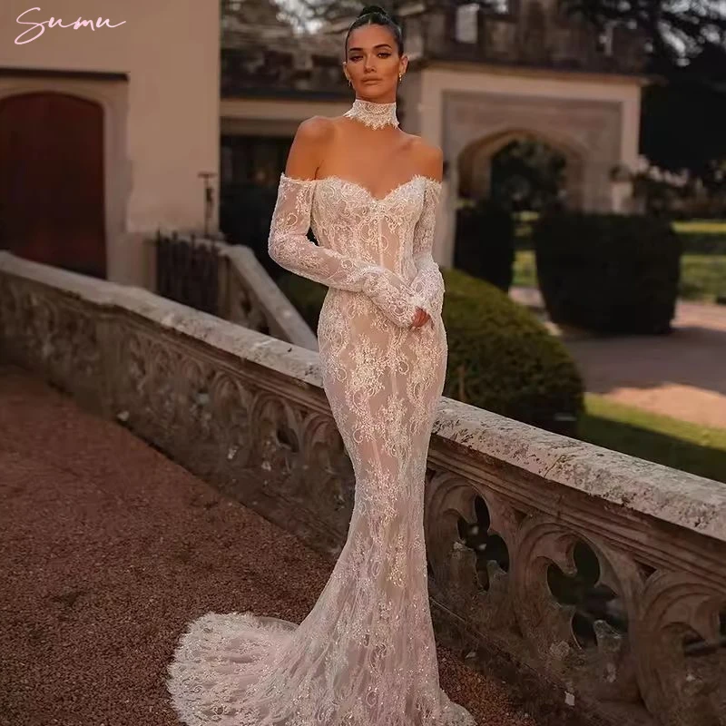 فستان زفاف رائع طويل حورية البحر من الدانتيل فستان زفاف مثير بدون حمالات الوهم قبالة الكتف عتيق بدون ظهر فيستدوس دي نوفيا