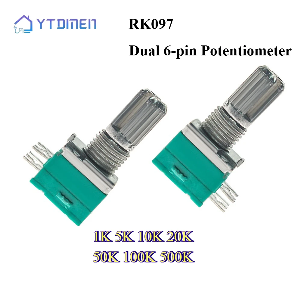 5PCS RK097NS Dual 6Pin Potentiometer 15mm 1K 5K 10K 20K 50K 100K 500K Switch Audio Amplifier Sealing Potentiometers Kit  Shaft