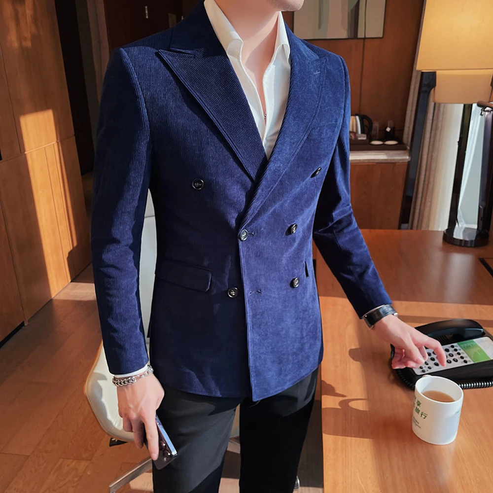 New Classic Corduroy Casual Men Suits Slim Double Breasted Groom Tuxedos Tailor Made Jackets Male Blazers Costume （Only Coat）