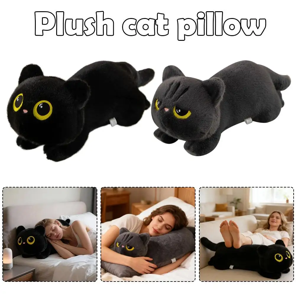 Travesseiro de pelúcia longo de 45cm, gato deitado, preto, cinza, brinquedo de pelúcia, almofada de dormir, descanso para as costas, travesseiro para crianças e adultos, acessórios