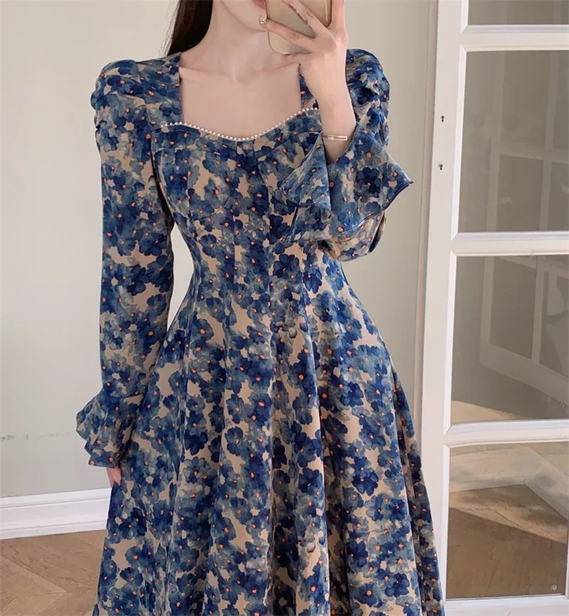 Gagarich 2024 Fashion French Retro Draped Floral Dress Women Spring Autumn Slim A-line Long Sleeve Vintage Lady Vestidos