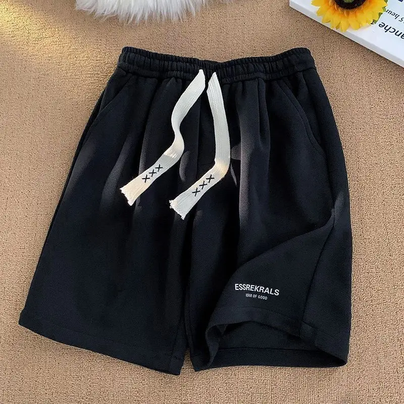 Summer Men's Clothing Knee Pants Letter Pockets Elastic High Waisted Fashionable Casual Retro Preppy Style Wide Leg Shorts