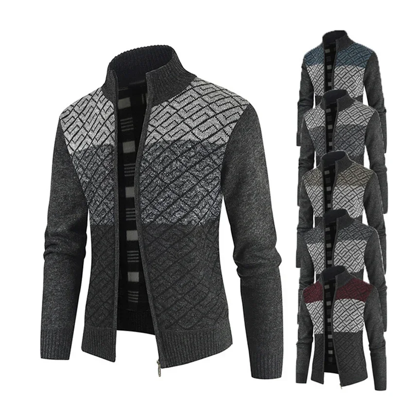 

New Winter Mens Cardigan Knitted Sweater Male Casual Thick Cardigan Patchwork Warm Male Sweater Standing Collar Clothing