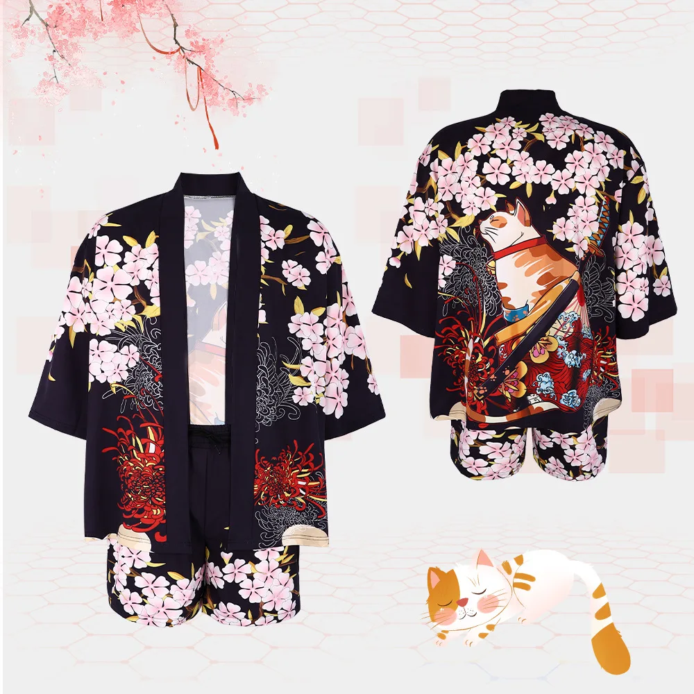 Japońska nadruk kota Kimono dla dorosłych Yukata samuraj kimona koszula odzież tradycyjna Haori dla mężczyzn kardigan Harajuku kostium