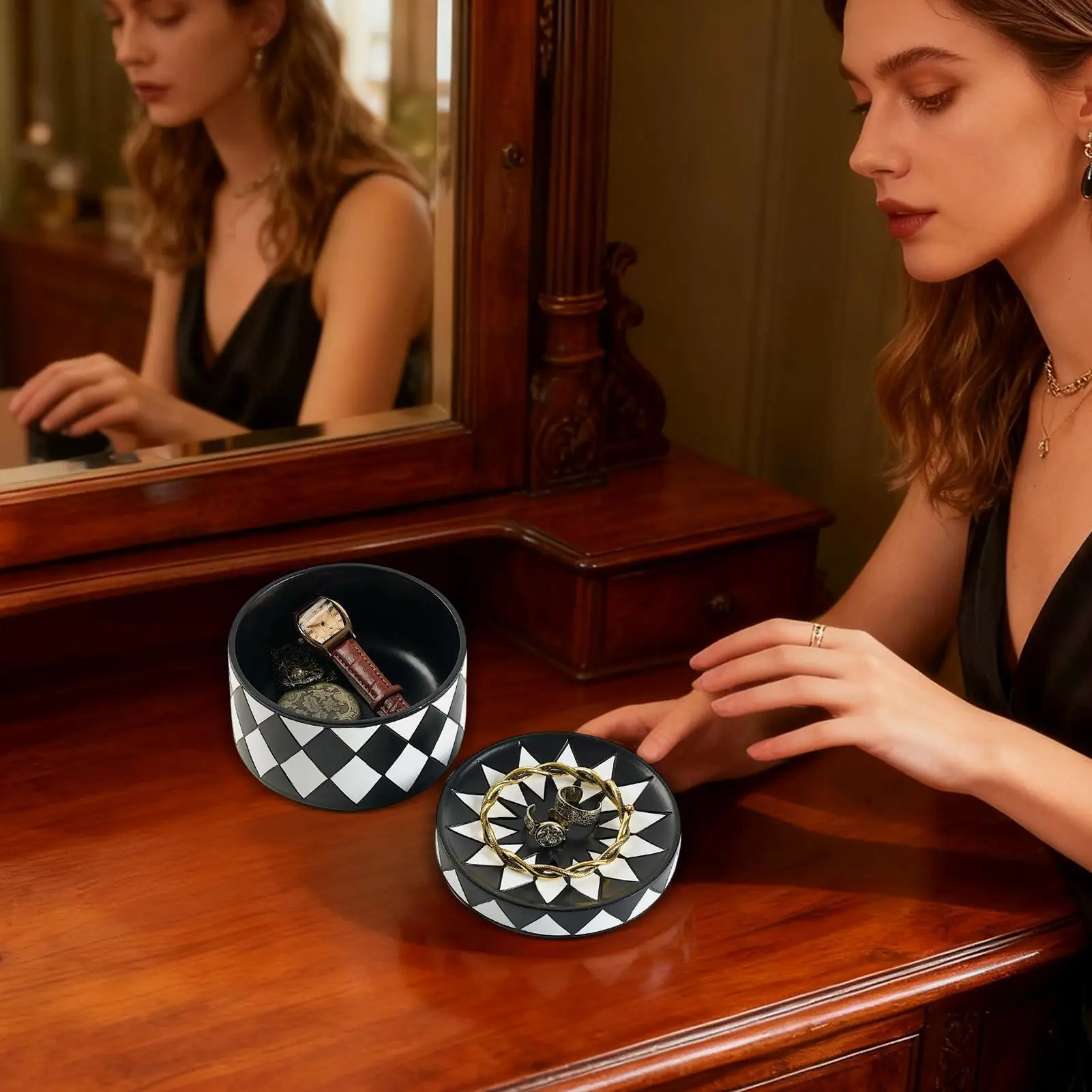

Декоративная шкатулка для драгоценностей, черно-белый клетчатый поднос, футляр для драгоценностей с крышкой для серег, ожерелий, колец, футляр для ключей, домашний общежитие