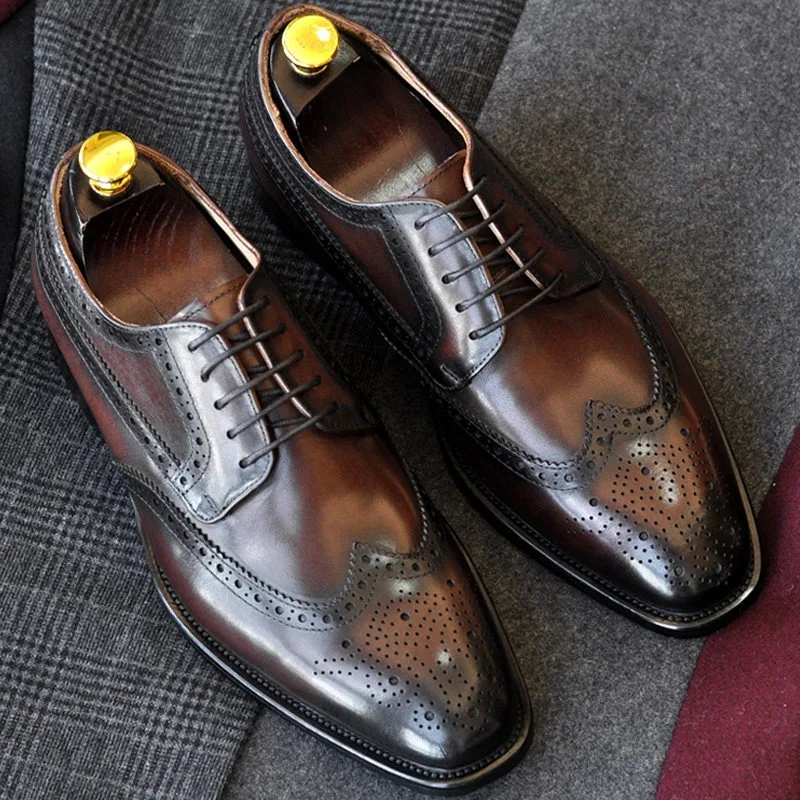 Italian Genuine Leather Men's Business Dress Leather Shoes Male Handmade Derby Cowhide Comfortable Work Wedding Shoes Black