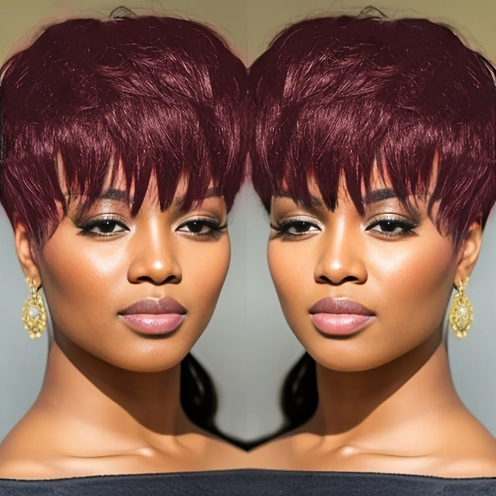 

6inch 150% density machine made short straight pixie cut 99j brown color human hair wigs for women daily use remy wig