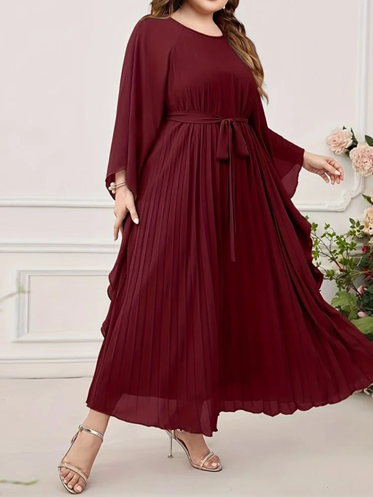 Plus Size Spring Round Neck Batwing Sleeve Solid Color Long Dress for Women Pleated Belted Fashionable Mid-Calf Slim Fit Dress