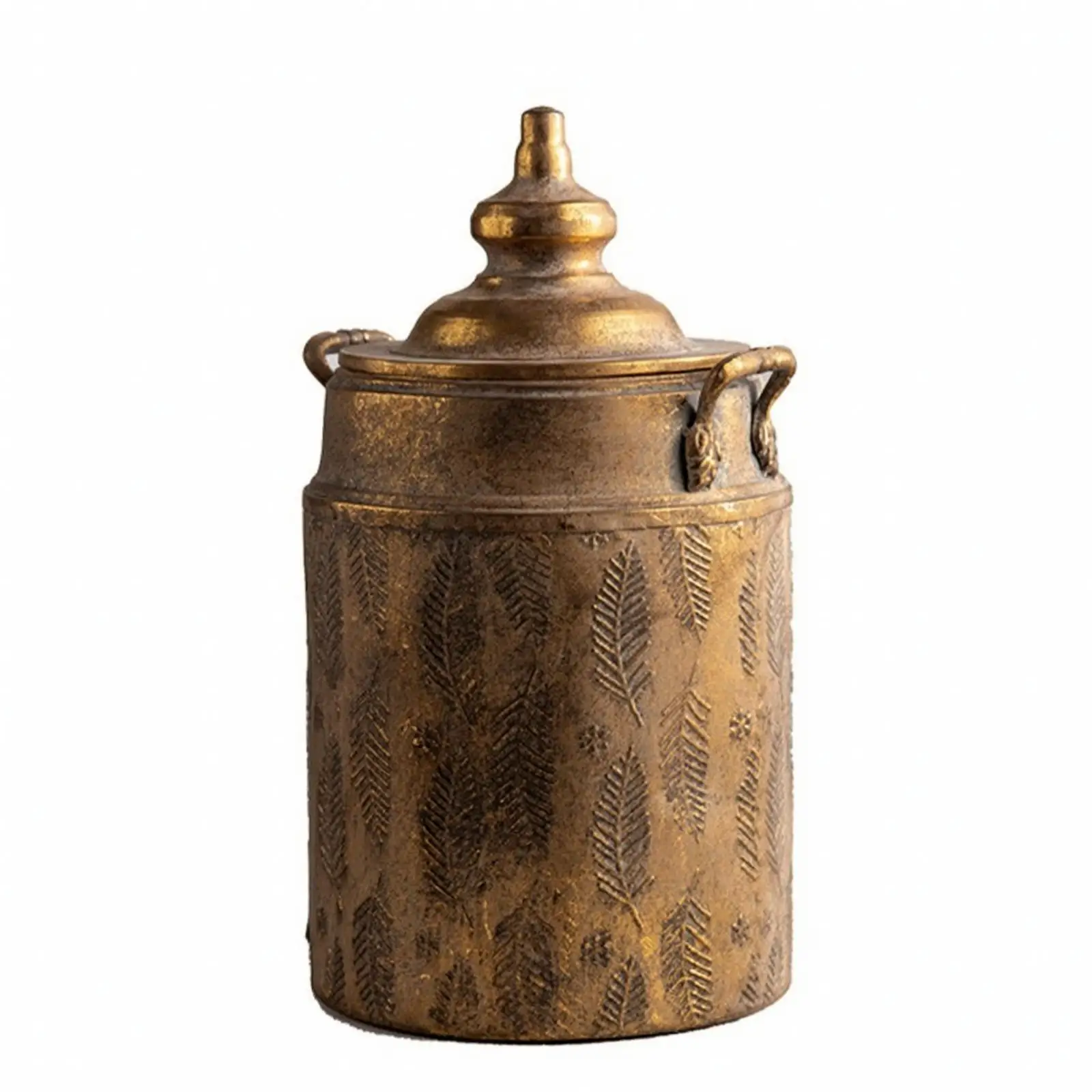 Antique Gold Metal Vase Cylindrical Lidded Jar with Leaf Pattern for Dried Floral Arrangements Rustic Room Accent