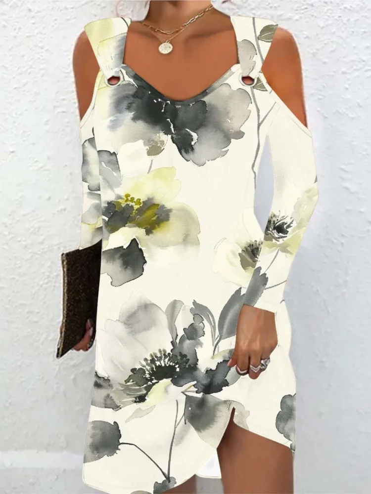 

Female's Mini Dresses 2024 Summer New Printing Off Shoulder Long Sleeve V-neck Sexy Streetwear Elegant Casual Slim Lady Vestidos