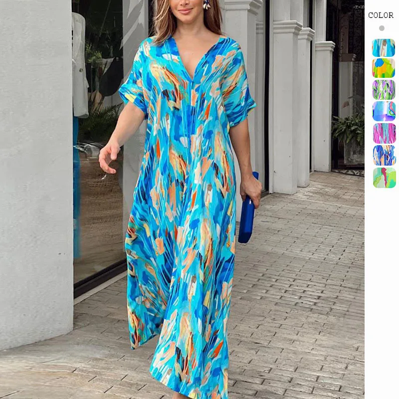 

Women Commuter Temperament High-waisted Printed Short-sleeved Long Summer Dress