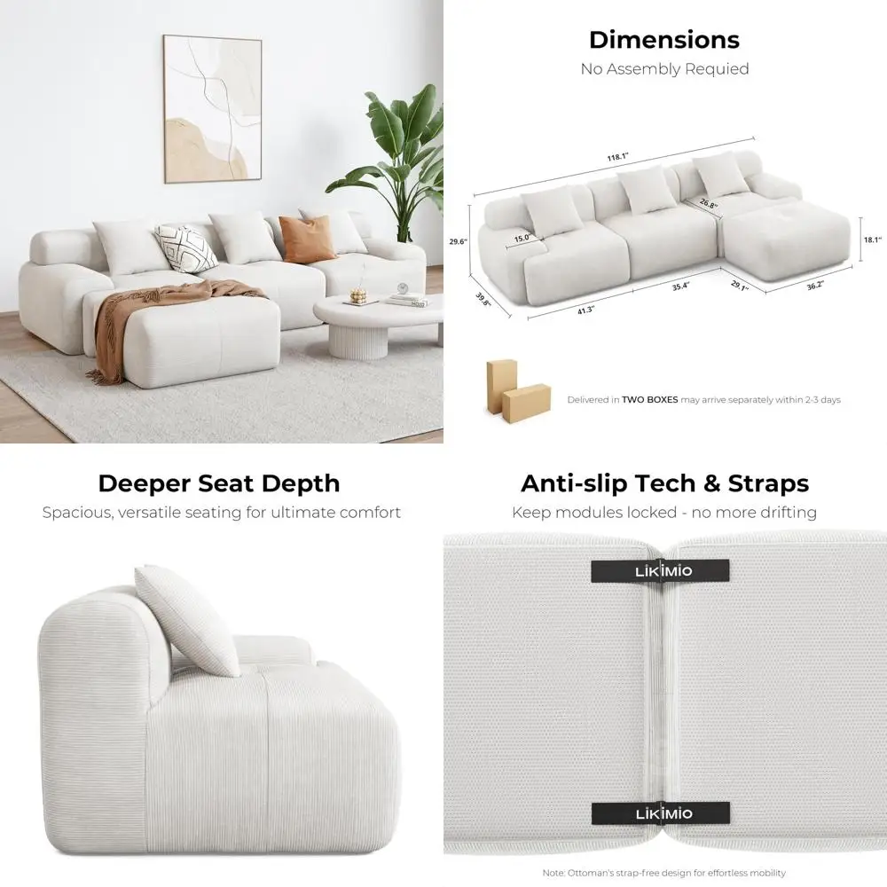 

Modern L-Shaped Sectional Sofa for Living Room, Beige Corduroy Upholstery, Oversized 3-Seater Couch with Deep Seating, Comfortab