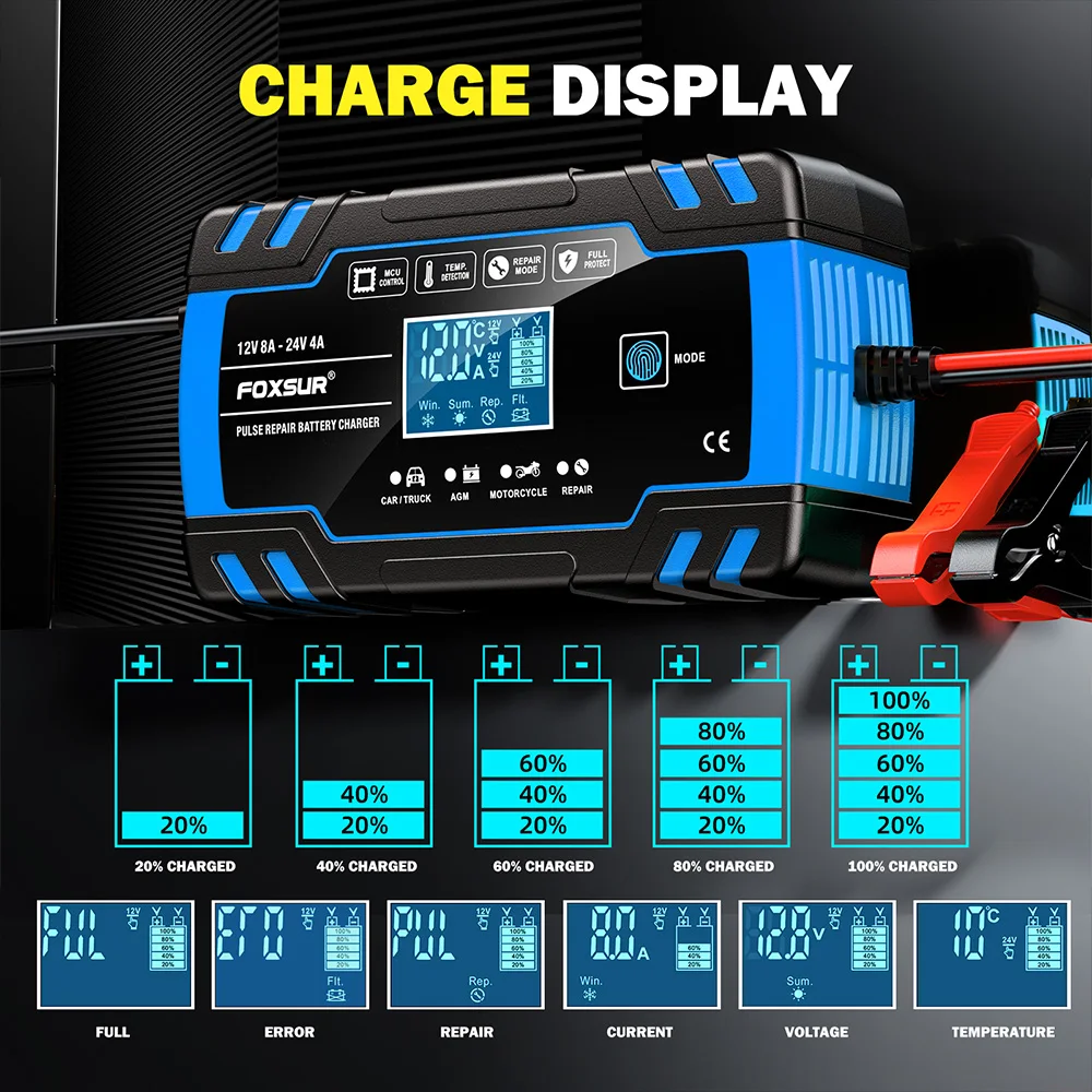 FOXSUR 12V 24V Pulse Repair Battery Charger Car Motor Truck AGM Lead-acid LCD Display Automatic Battery Charging