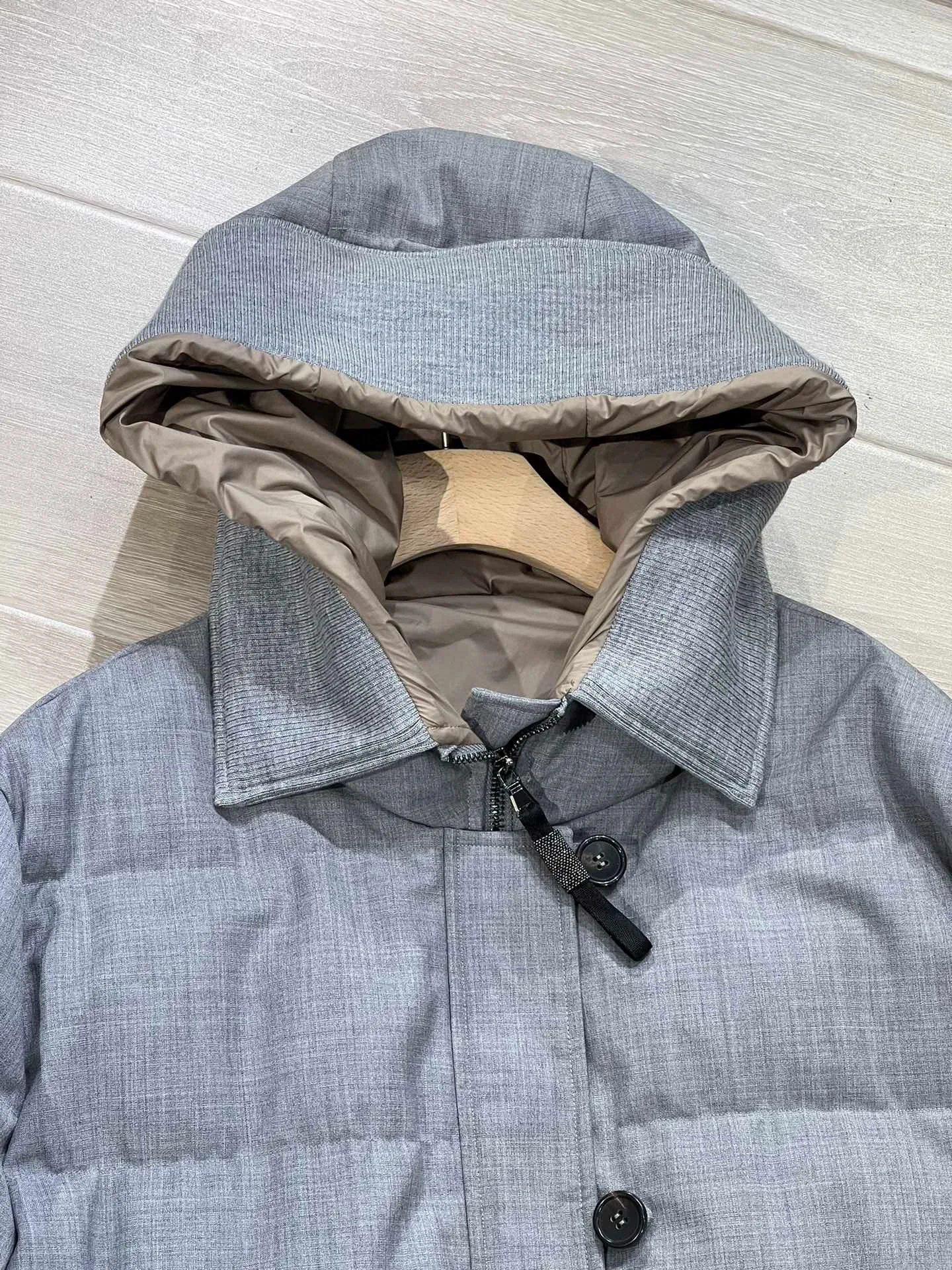 Wool paneled long hooded goose down coat