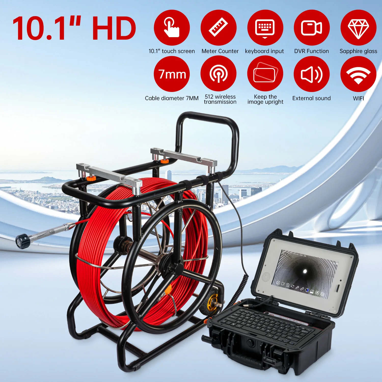 512HZ Sonde +Self-leveling Sewer  7mm HD 1080P 100M Cable 10.1inch Pipe Inspection  With 23MM Endoscope