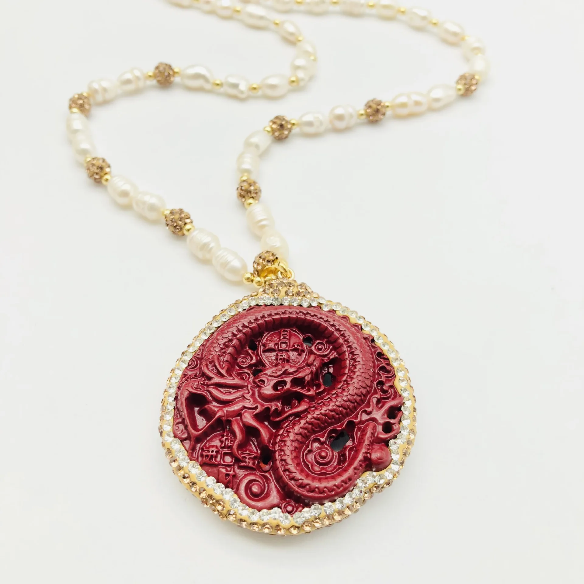 Red Vermilion Dragon Pendant Pearl Necklace Chinese Style Crystal Long Sweater Chain Beads Choker Collar Women Jewelry Gifts