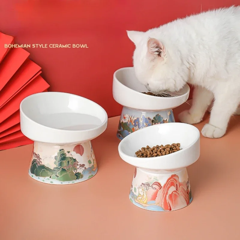 2 Sizes Ceramic Cat Bowl Feeder with Mat Raised Stand Bone China Cervical Protect Food Water Ceramic Bowl for Dog Pet Supplies