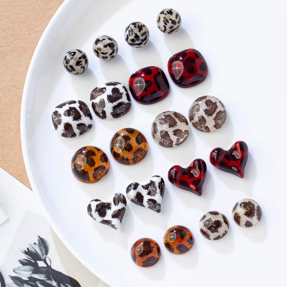 Winter style 50pcs/lot Leopard print cartoon hearts/rounds/square shape resin cabochon beads diy jewelry garment/hair accessory