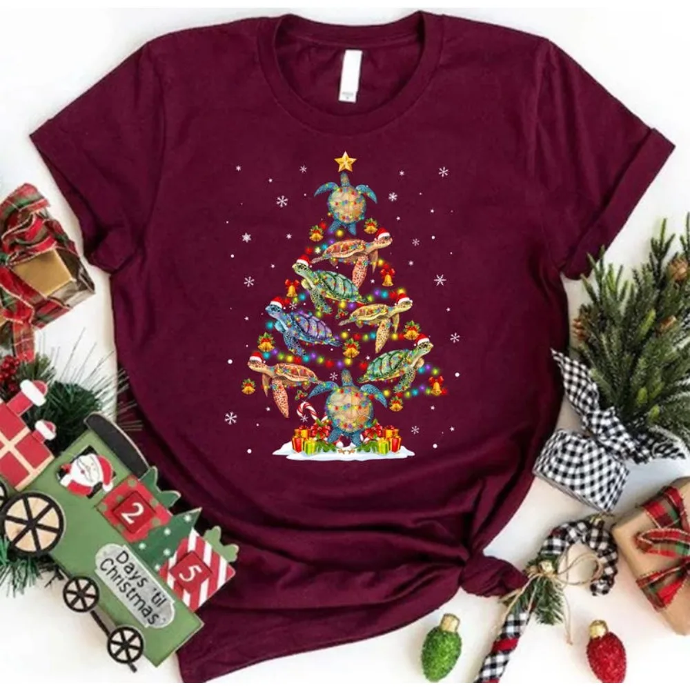 Tortue arbre de Noël chemise tortue mignonne unisexe T-shirt Art créatif vacances Tee le meilleur cadeau de Noël pour les amateurs de tortues de mer