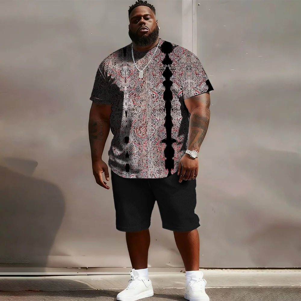 

Мужской комплект с короткими рукавами больших размеров S-9xl: этническая кромка — двухсекционный большой и высокий крой, мягкая ткань, гладкие принты племенного плетения