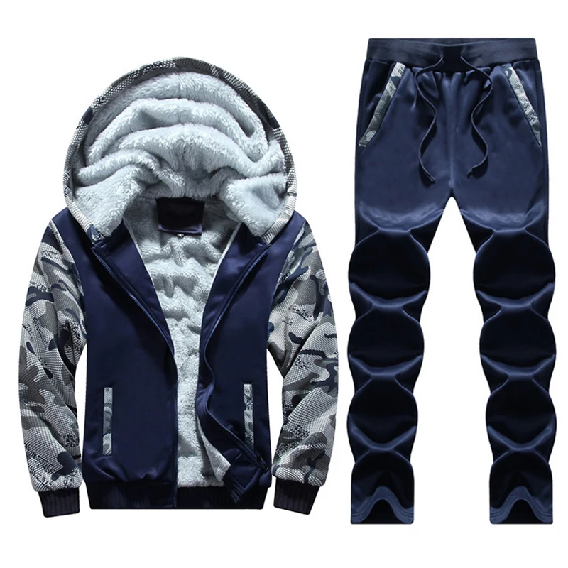 2 Pcs Set Men Winter Tracksuit Fleece Lined Sportswear Outfits Men Fashion Sets Sweatsuit Keep Warm Casual Sweatshirt  and Pants