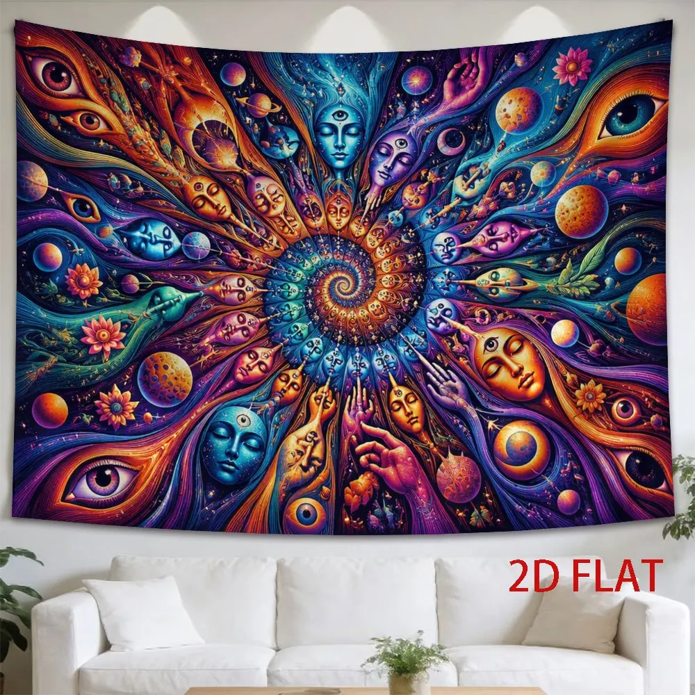 Psychedelic Cosmic Third Eye Tapestry Wall Hanging, Trippy Spiral Planet Meditation Face Art Bedroom Living Room Home Wall Decor