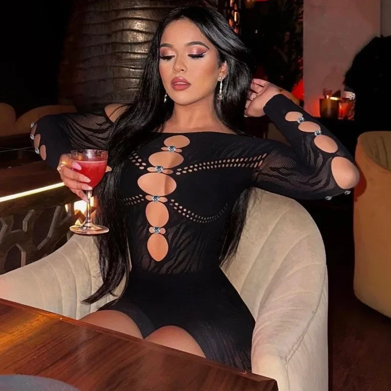 Diamonds Hollow Out Playsuits Women Sexy Slash Neck Off Shoulder Gloves Long Sleeve Shorts Rompers Clubwear Slim Party Overalls