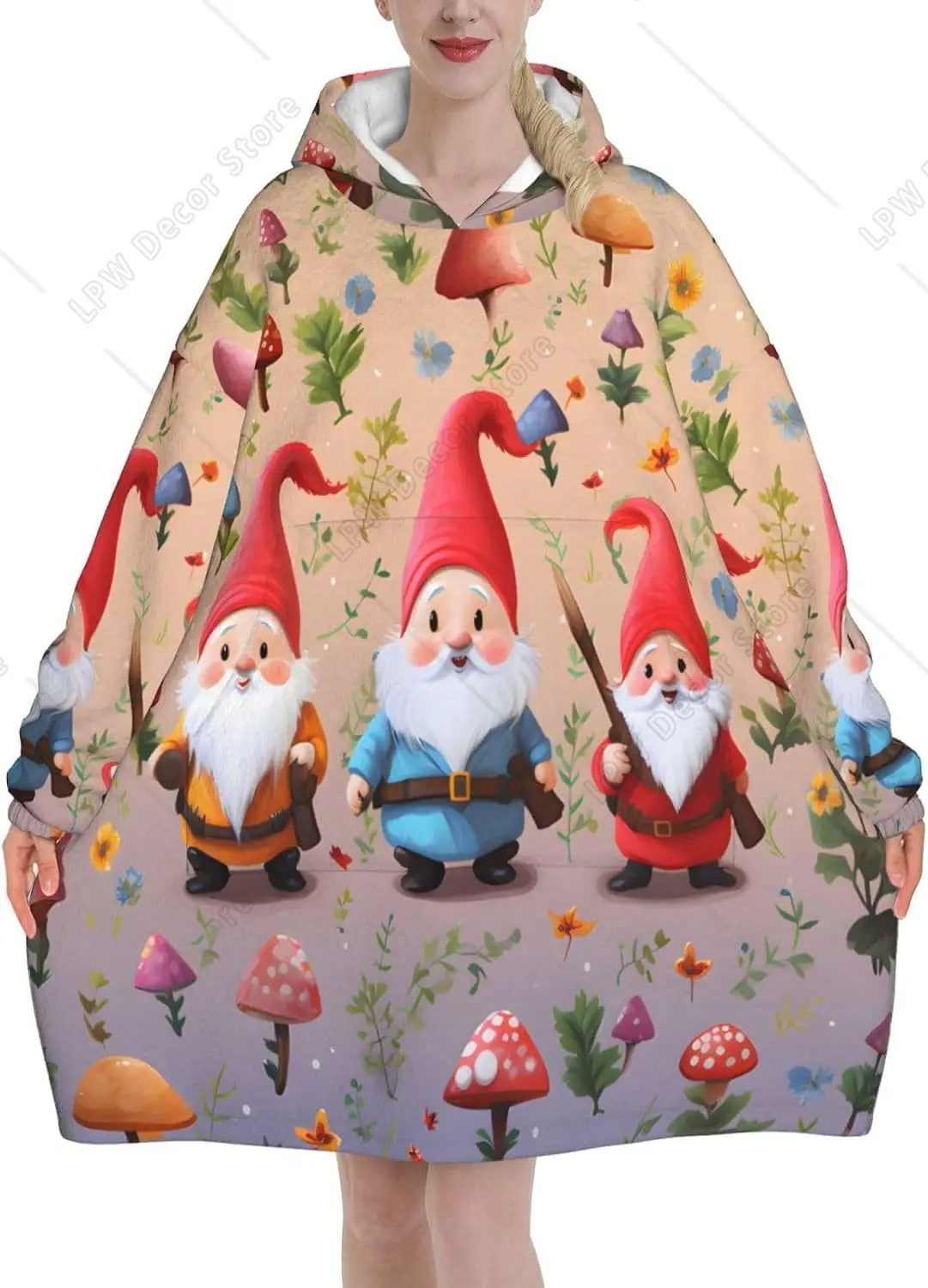 Cute Gnomes Wearable Blanket Hoodie For Women,Soft Warm Blanket Flannel Hooded Sweatshirt With Pocket